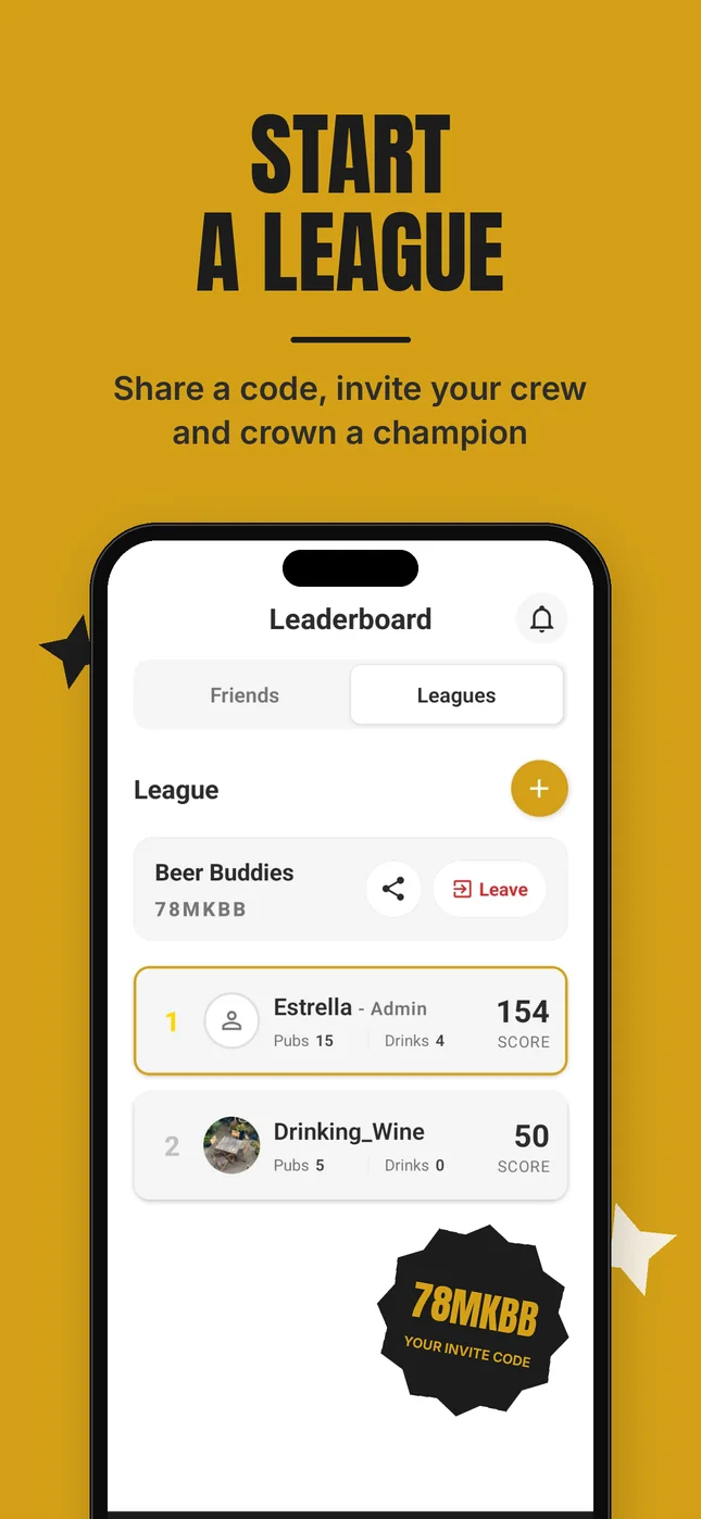 Start a league: share a code, invite your crew and crown a champion