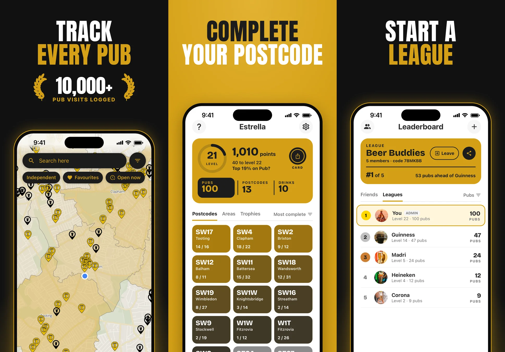 Pub? store images: track every pub on the map, complete your postcode, and start a league with friends