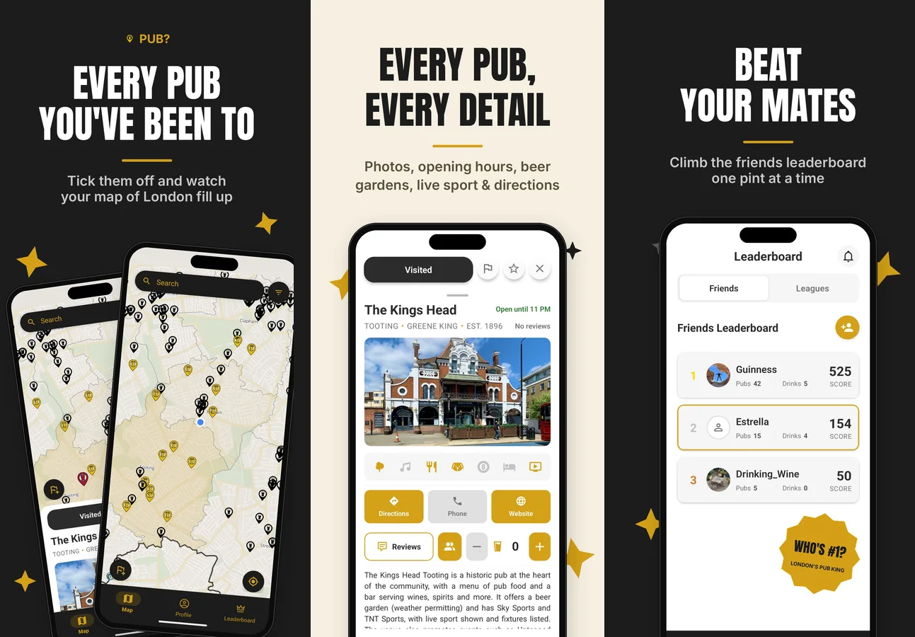 Pub? App Store images: every pub you've been to, every pub in detail, and a friends leaderboard